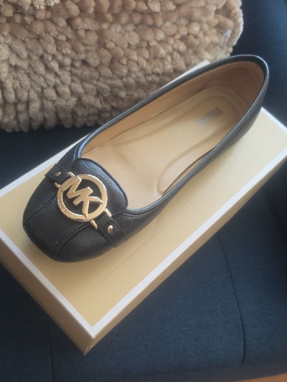Michael Kors Black Leather Logo Accent Ballet Flat